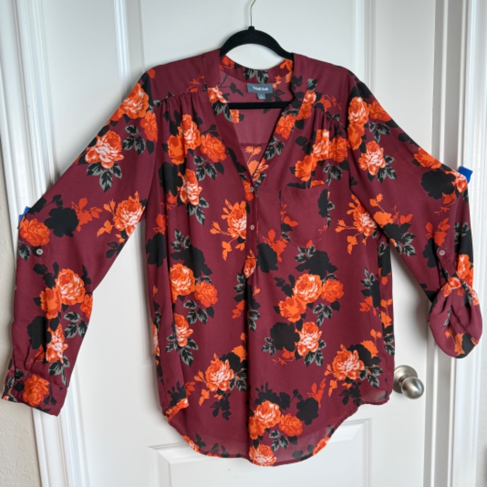 Modcloth Maroon blouse with Orange, Grey and Black Roses Size L